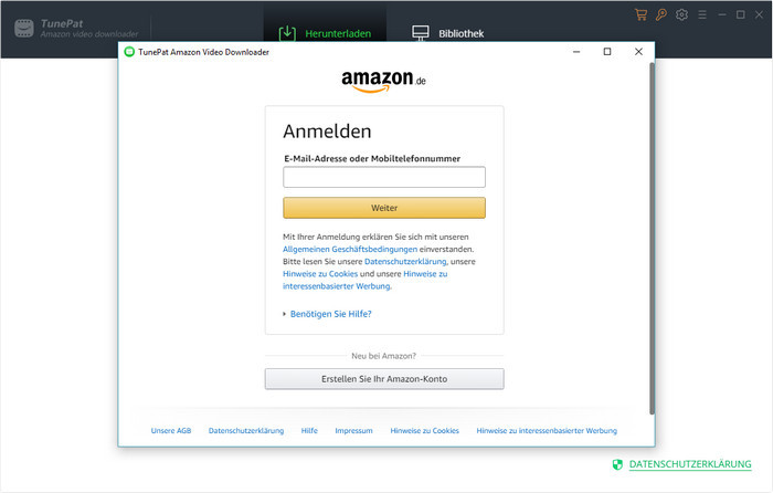 sich mit Amazon-Prime-Konto auf dem TunePat anmelden