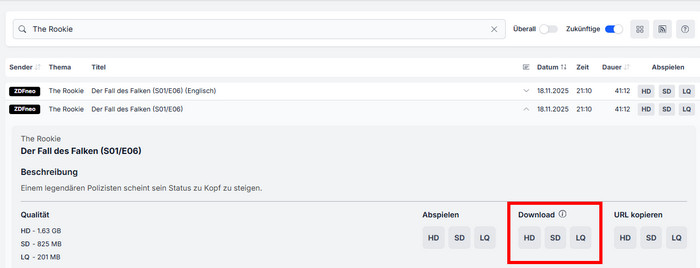 Downloadoptionen von MediathekViewWeb