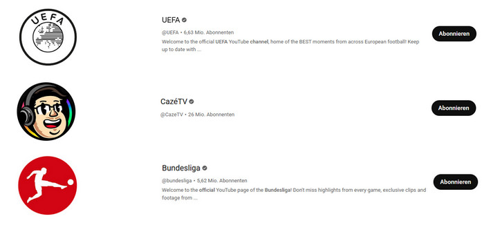 Fußballkanäle von YouTube