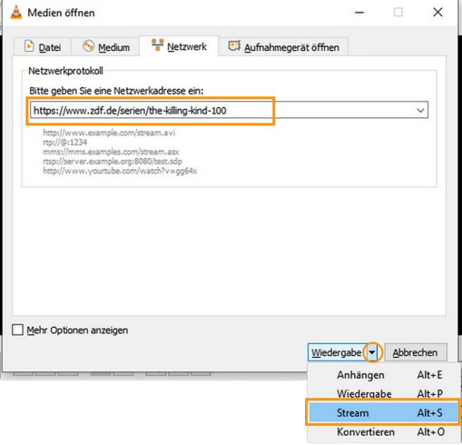 Option Stream bei VLC Media Player