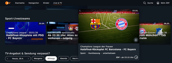 Fußball Streaming-Seite - ZDF